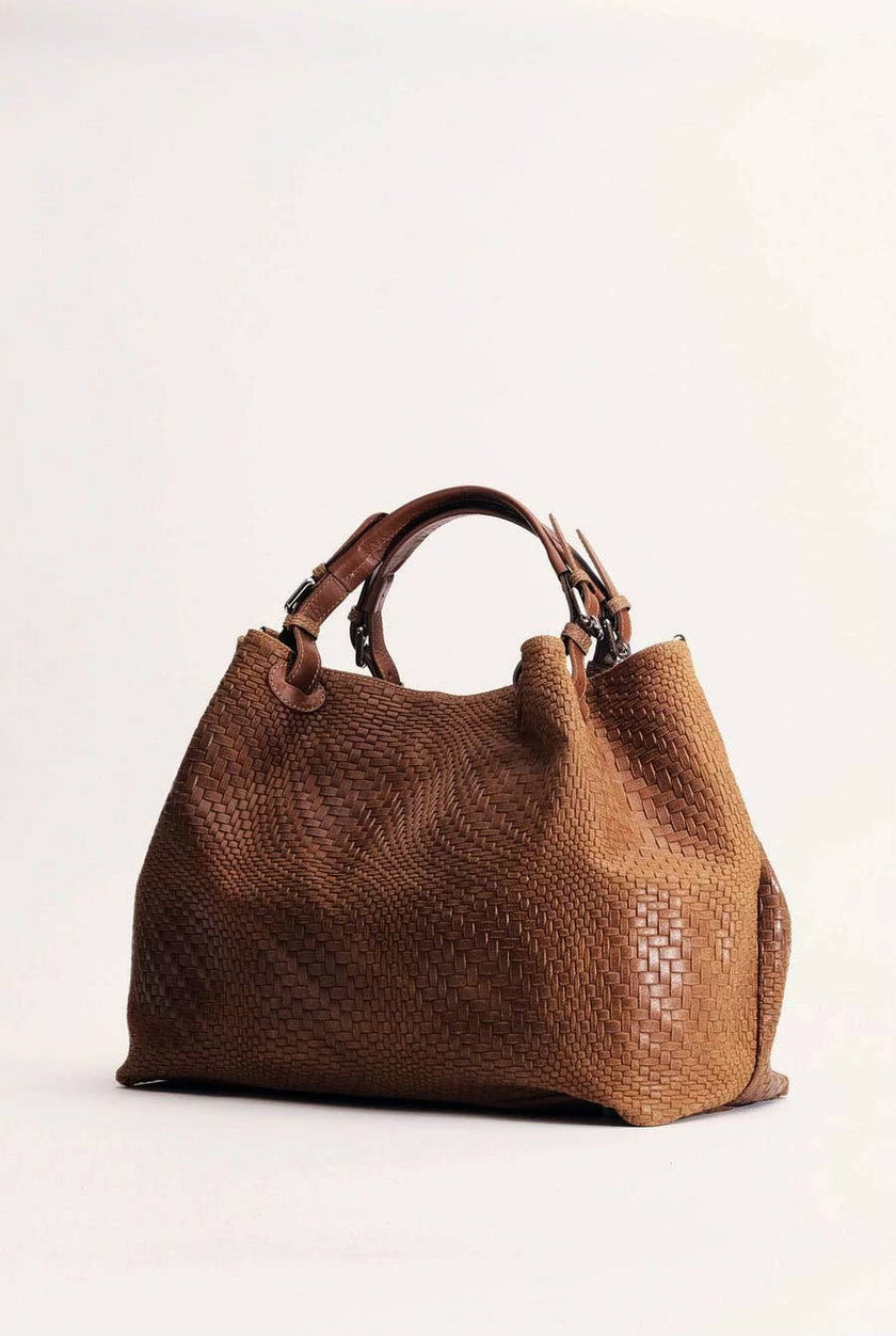 Waved Leather Shopping Bag - Brown