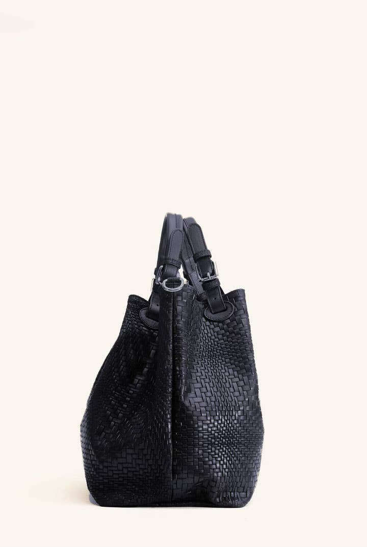 Waved Leather Shopping Bag - Navy