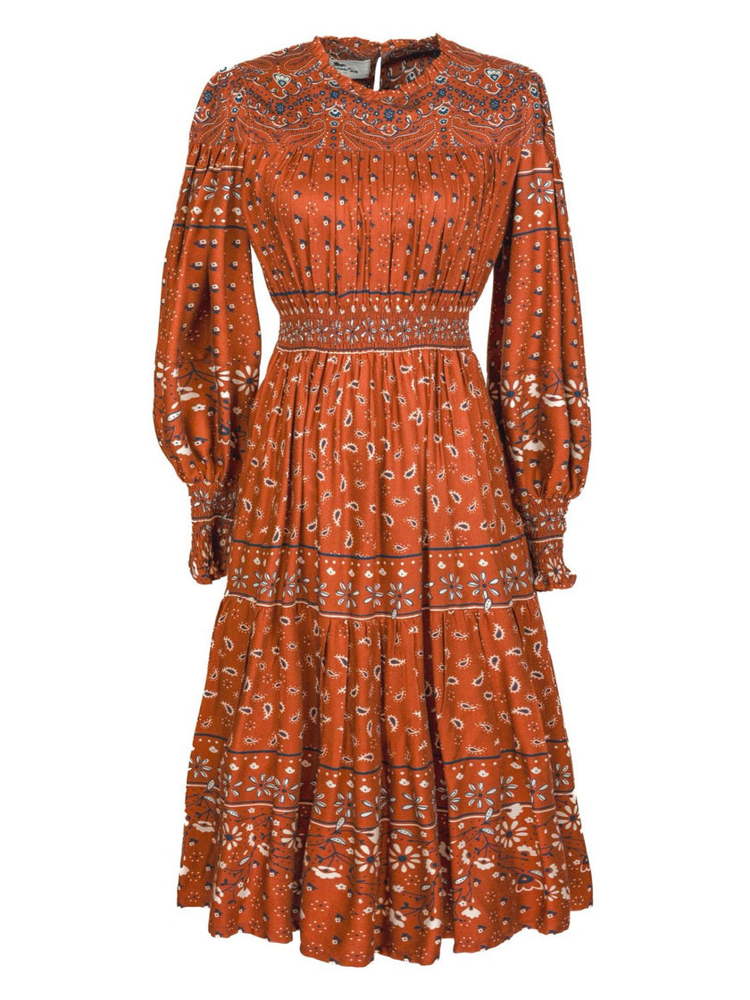 Folk-Print Viscose Midi Dress