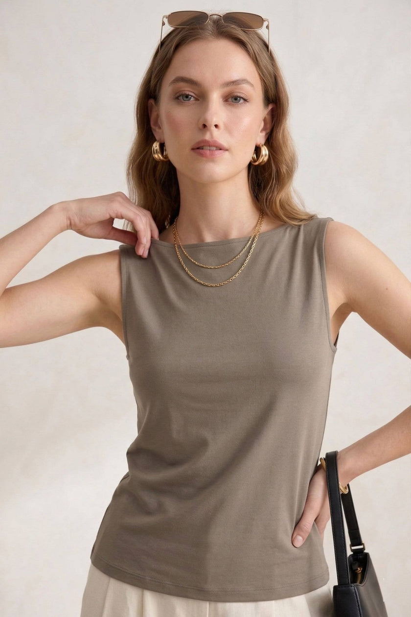 Premium-Cotton Tank Top - Taupe