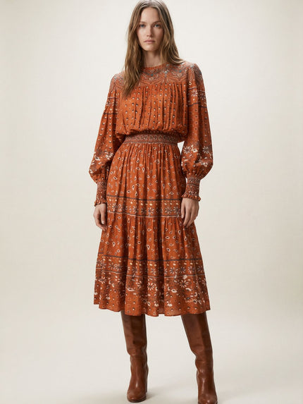 Folk-Print Viscose Midi Dress