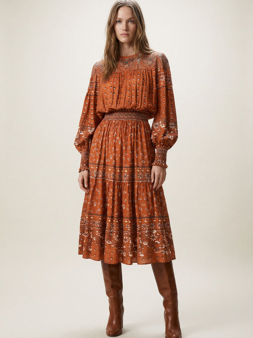 Folk-Print Viscose Midi Dress