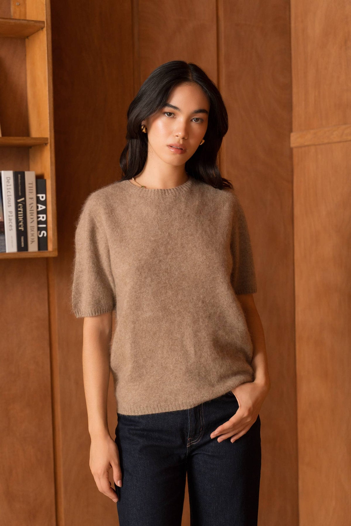 Brushed wool & cashmere short sleeve sweater