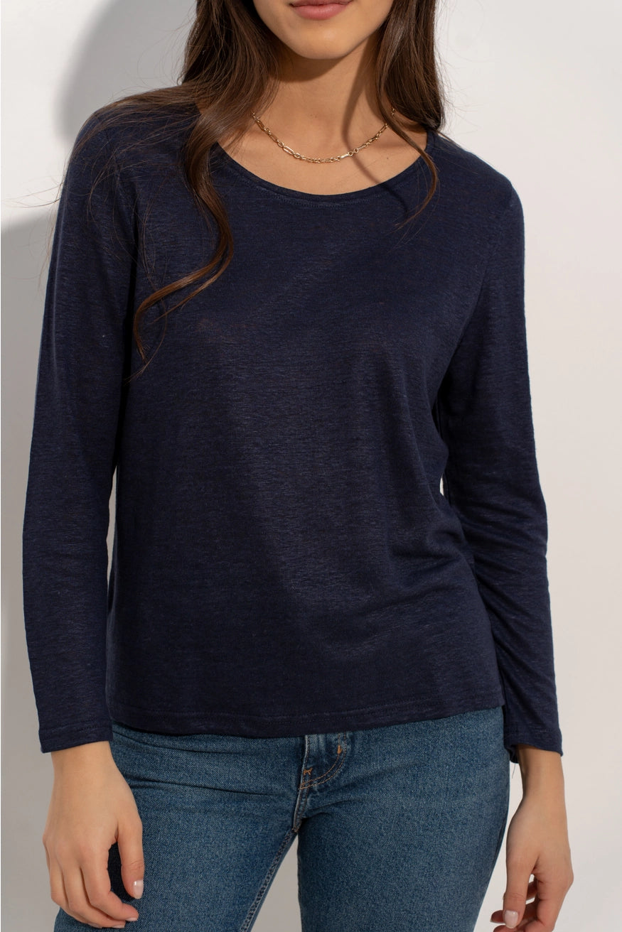 100% Linen Crew-Neck Top - Blue