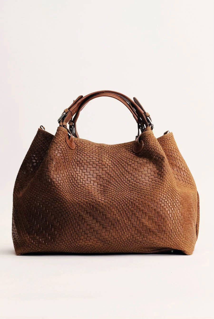 Waved Leather Shopping Bag - Brown