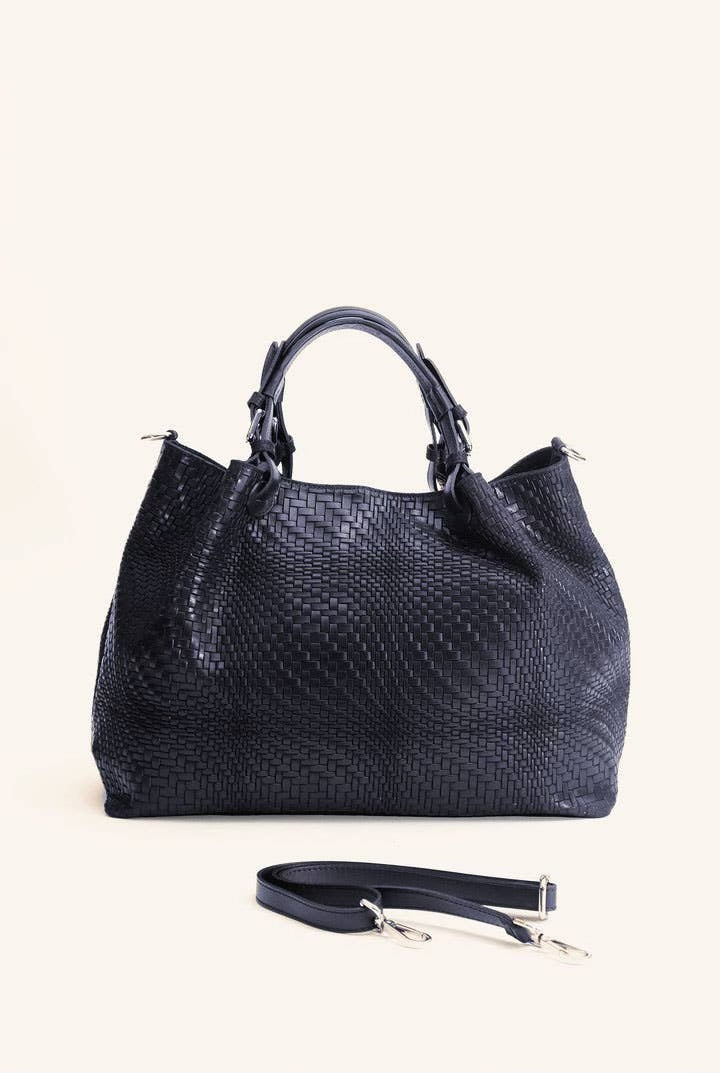 Waved Leather Shopping Bag - Navy
