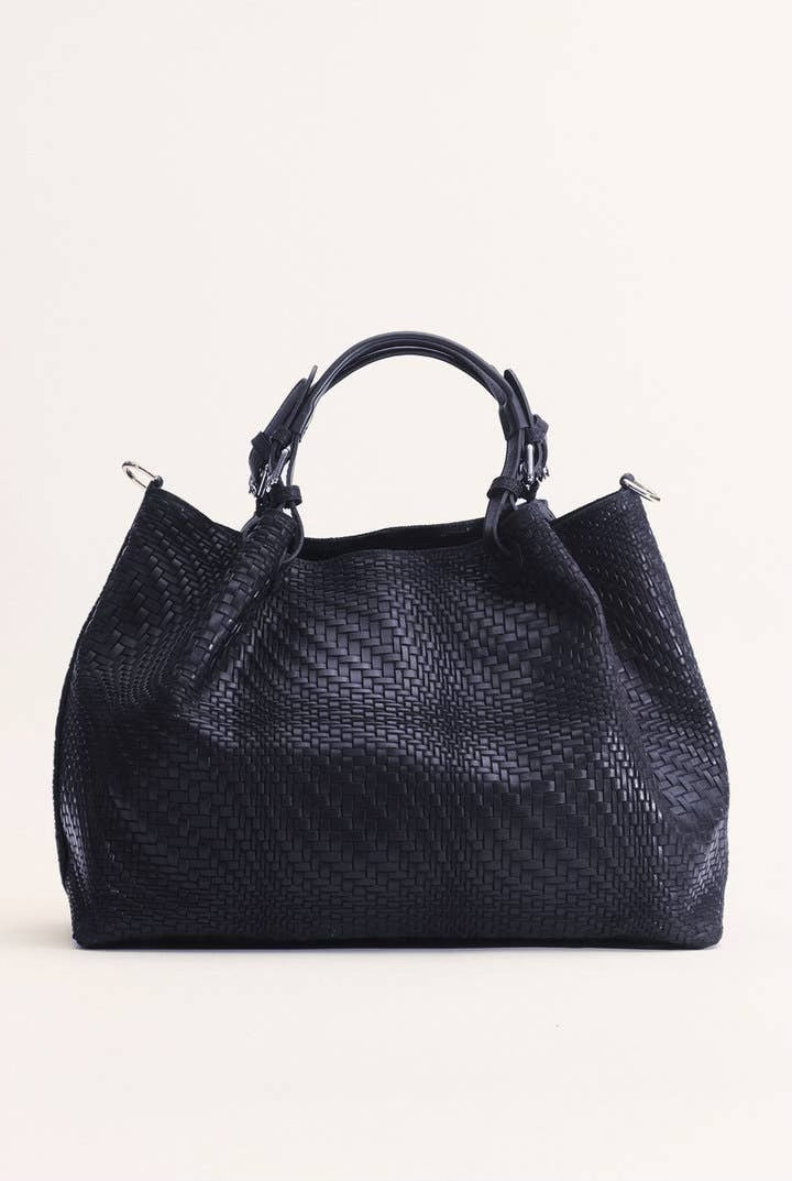 Waved Leather Shopping Bag - Navy