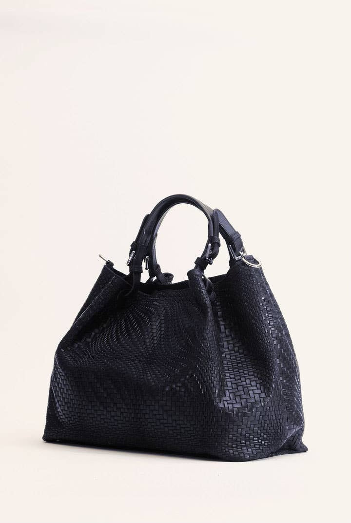 Waved Leather Shopping Bag - Navy