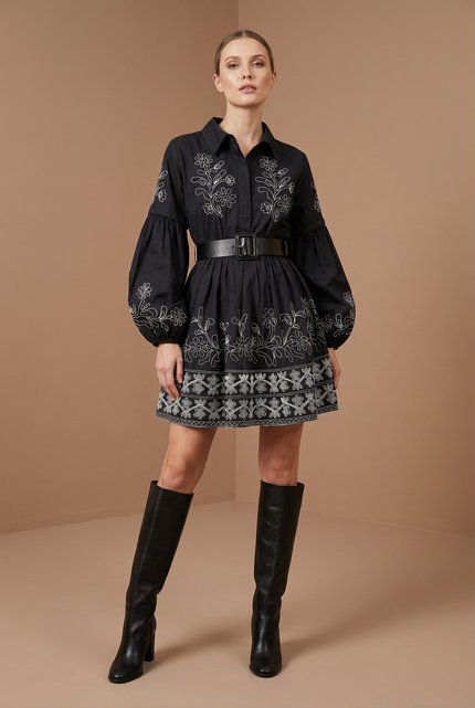 Cotton Embroidery Shirtdress - Black