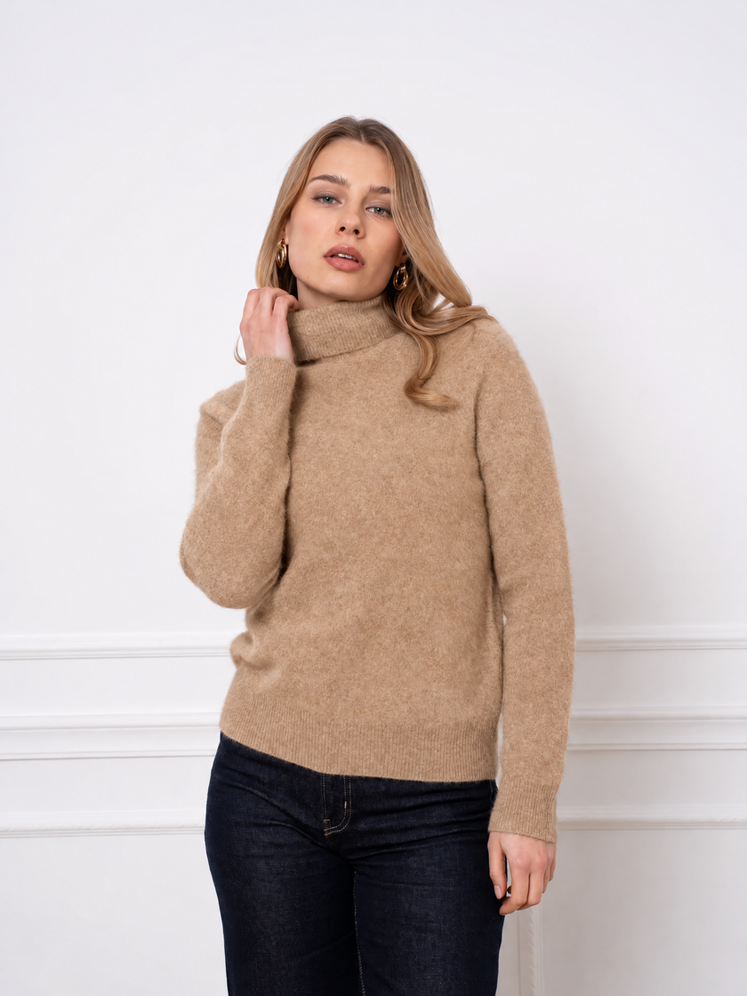 Brushed wool & cashmere turtleneck -  Beige Camel
