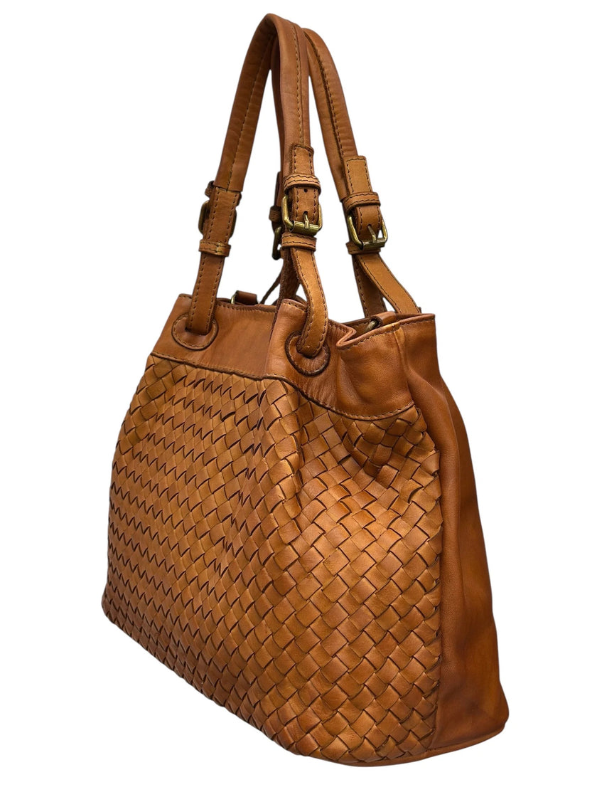 Waved Leather Shopping Bag - Brown