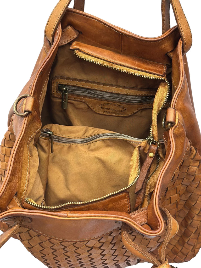 Waved Leather Shopping Bag - Brown