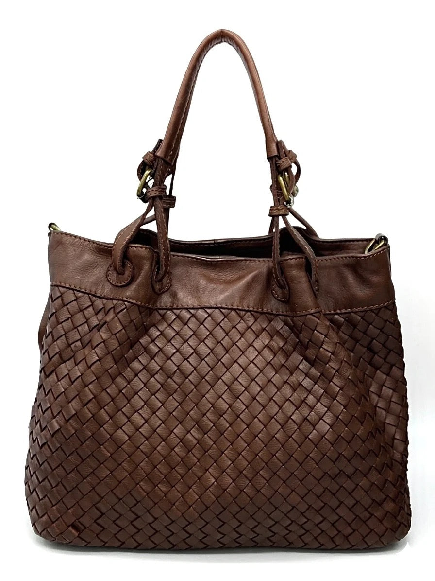 Waved Leather Shopping Bag - Dark Brown