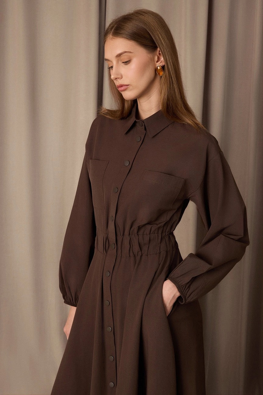 Elastic Waist Poplin Shirt Dress