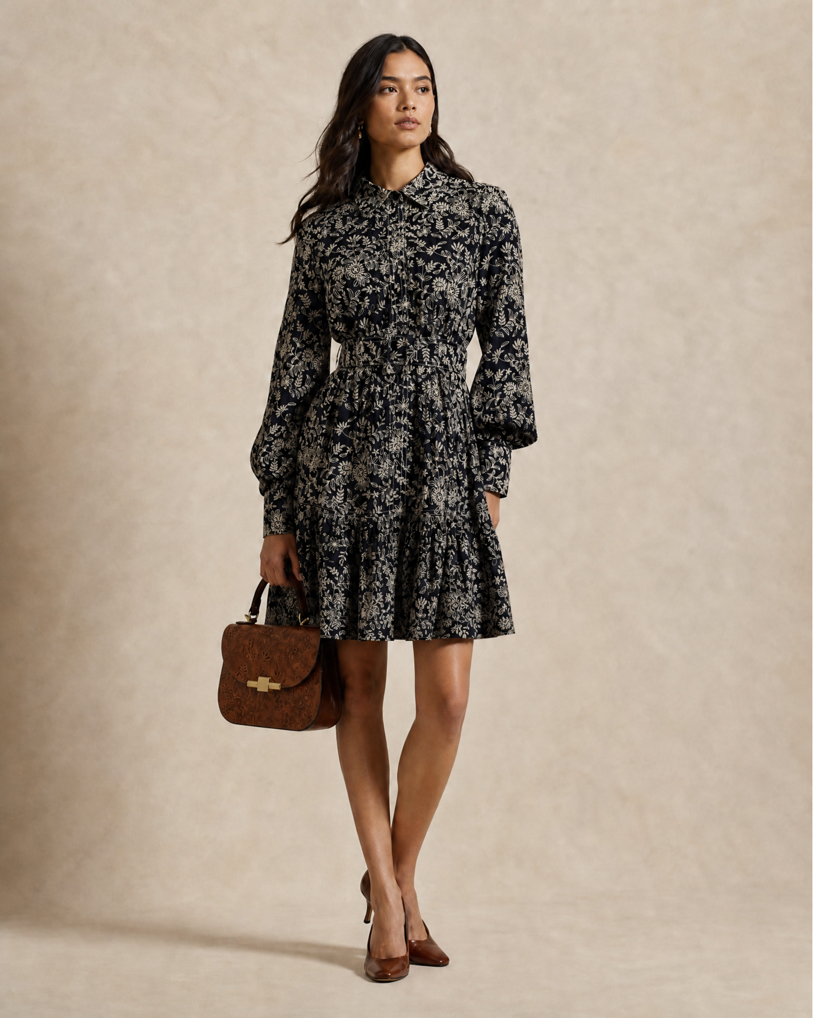 Cotton Embroidery Shirtdress - Navy Blue
