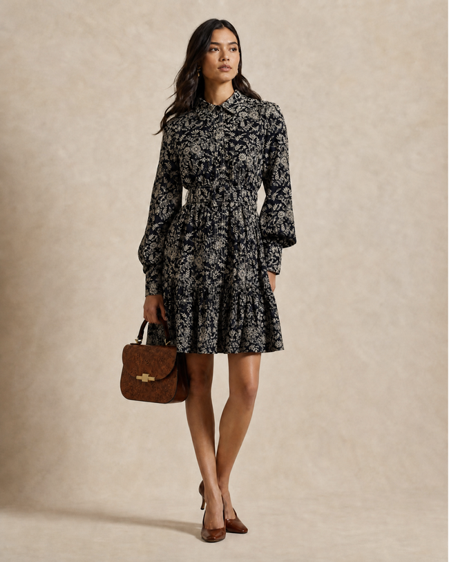 Cotton Embroidery Shirtdress - Navy Blue