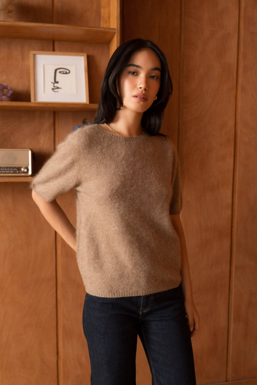 Brushed wool & cashmere short sleeve sweater