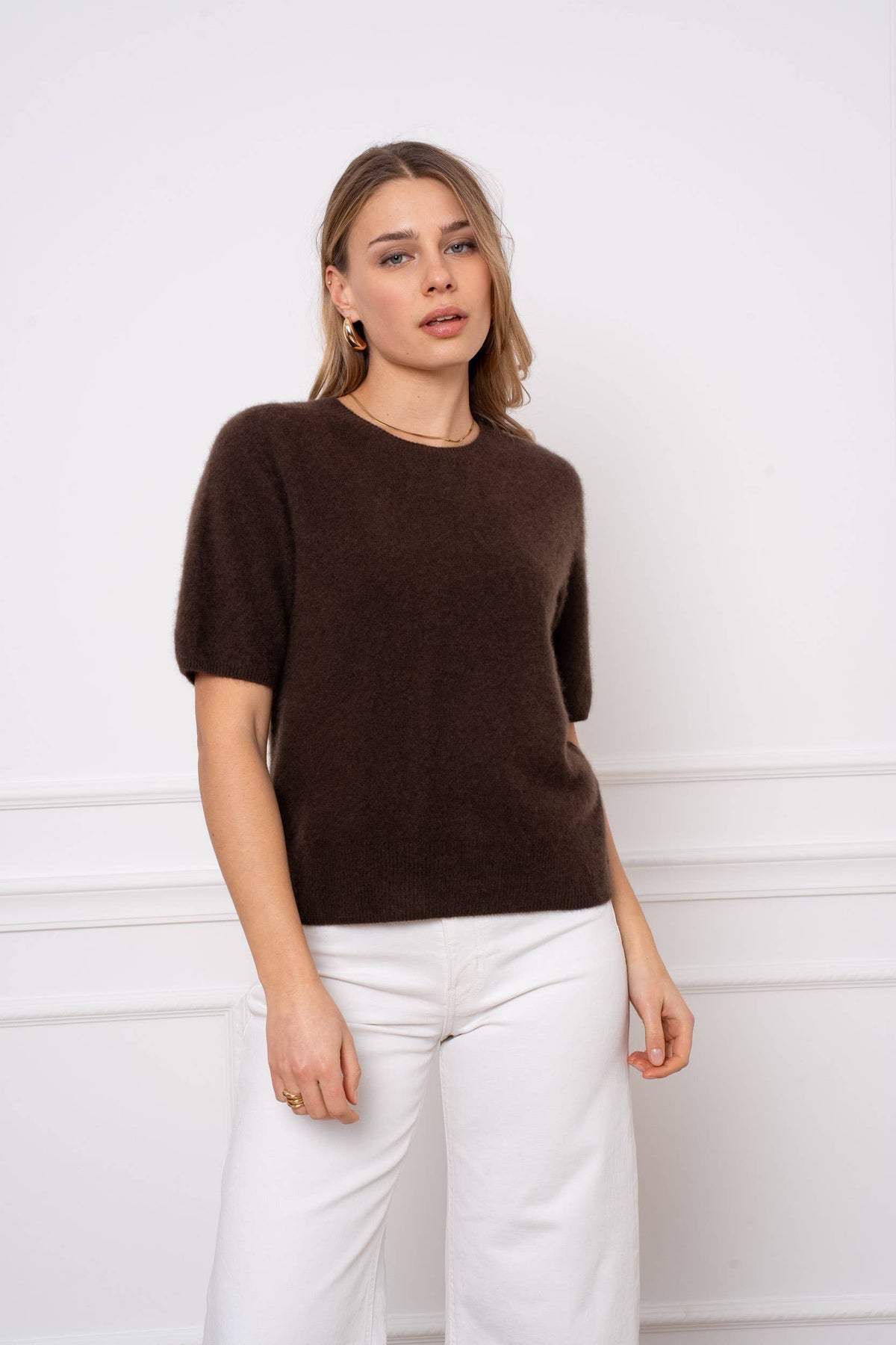 Brushed wool & cashmere short sleeve sweater