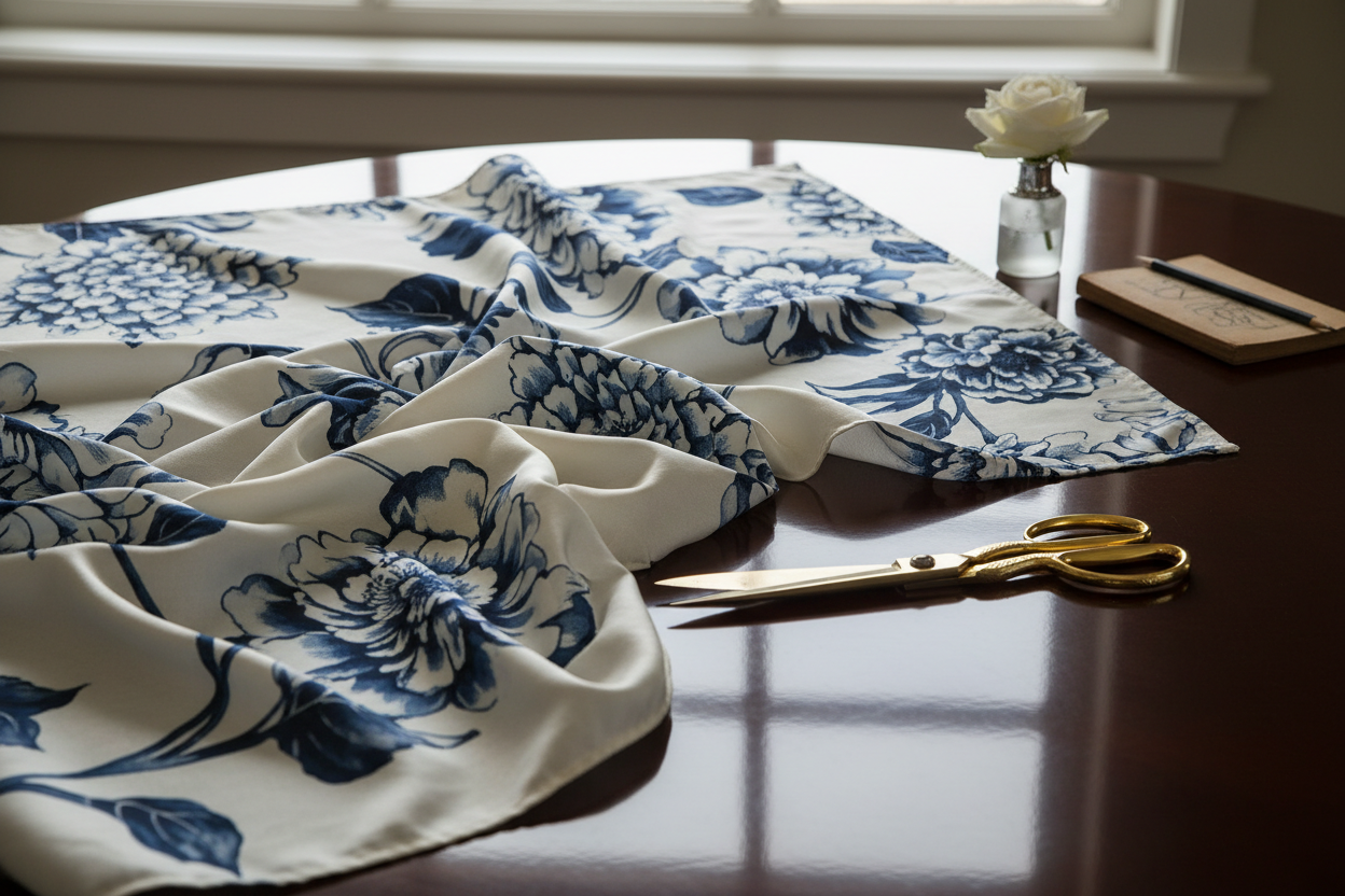 white luxurious fabric with big blue print flowers, place fabric on table and add scissorrs, make it look luxurious 